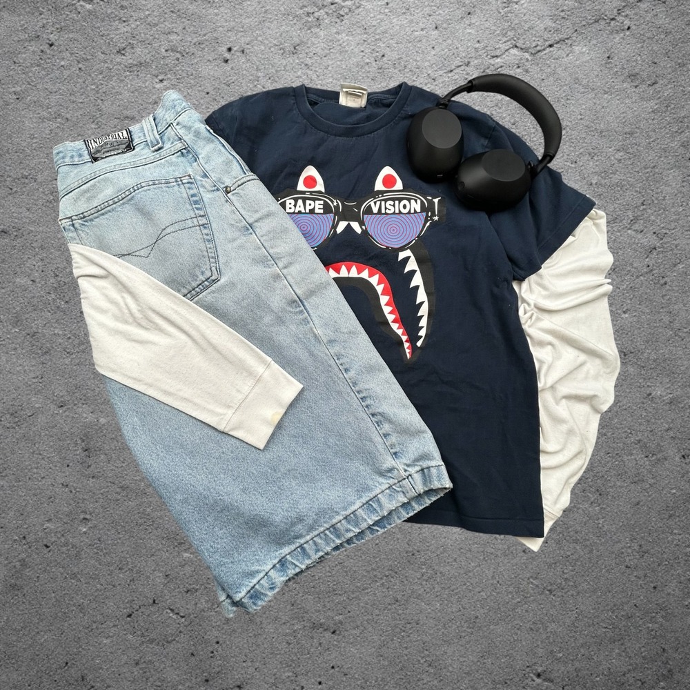 Bape A Bathing Ape Vision Shark Graphic T-Shirt Navy Blue Mens Size M WGM Y2K